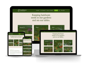 Seed Savers Exchange website displayed on various device screens, including a desktop computer, laptop, tablet, and phone.